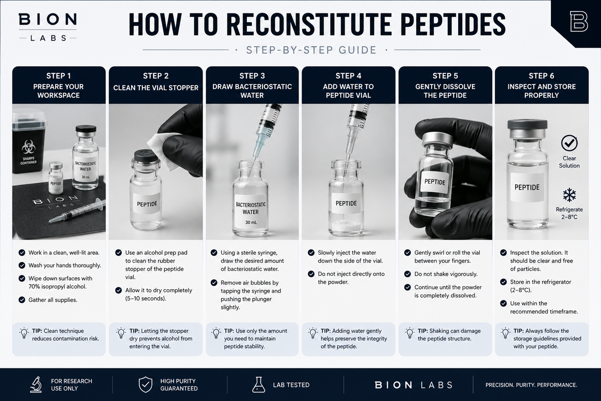 step by step peptide reconstitution guide with bacteriostatic water by BION LABS