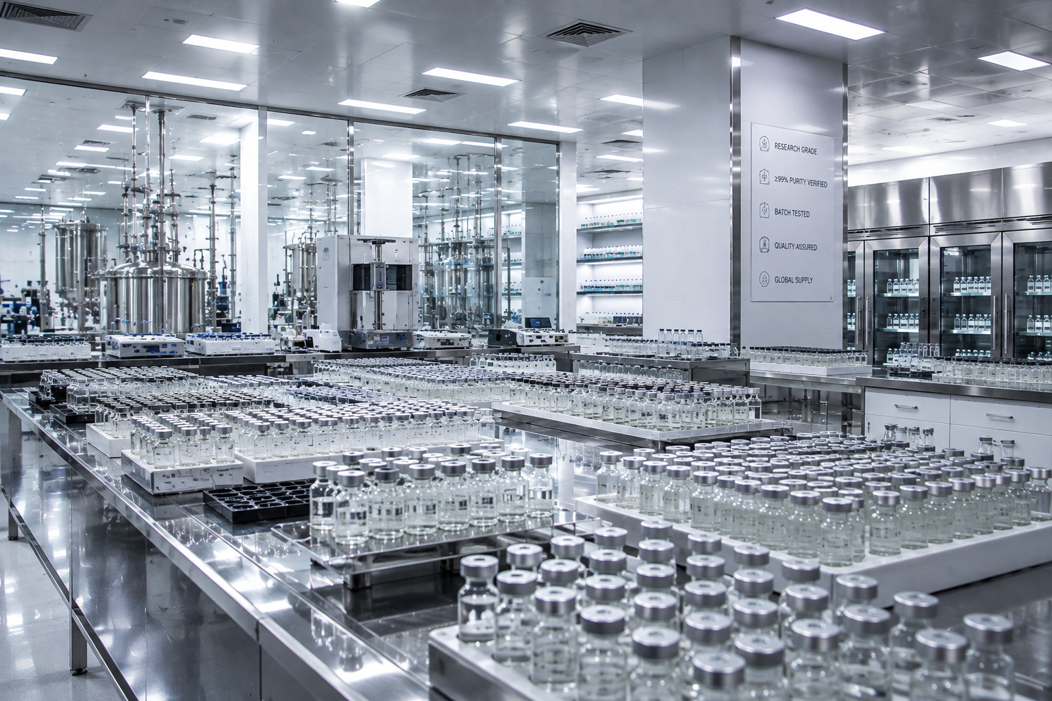 Research peptide production facility with laboratory vial processing