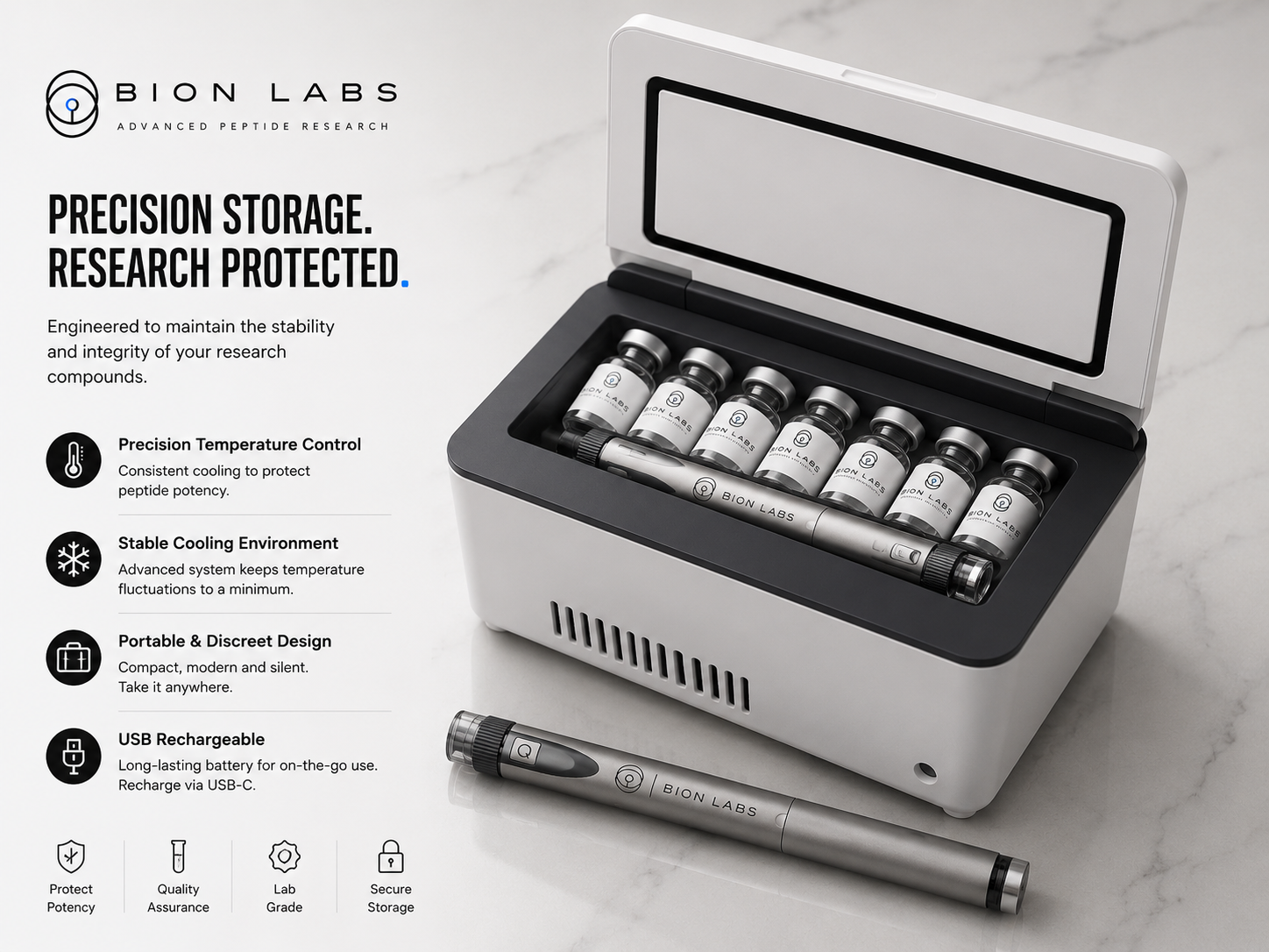 Bion Labs precision storage device with peptide vials on a marble surface
