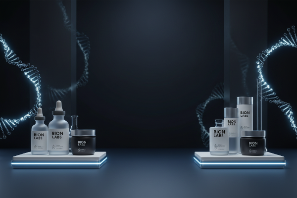 Bion Labs skincare products on a dark background with glowing elements