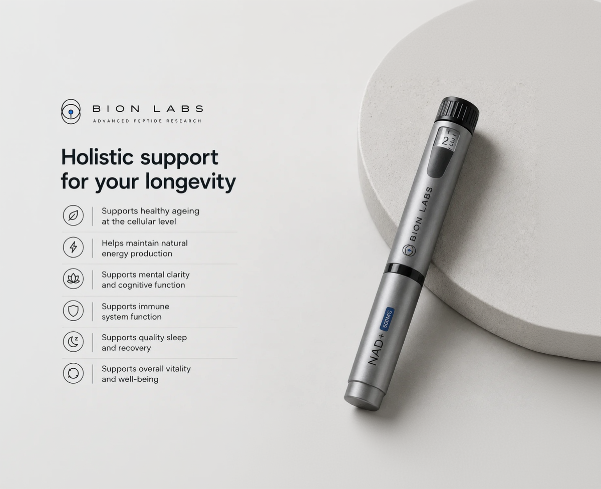 Bion Labs nad+ pen device on a white surface with product details and branding.